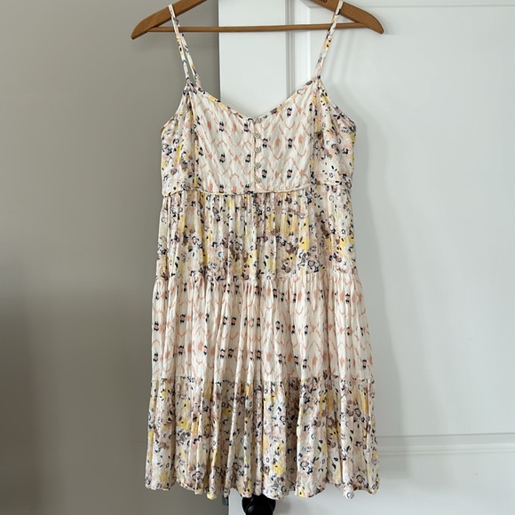Lucky Brand Babydoll Tiered Sundress: Cream Pink Gold Taupe Mixed Media Print - Picture 10 of 16